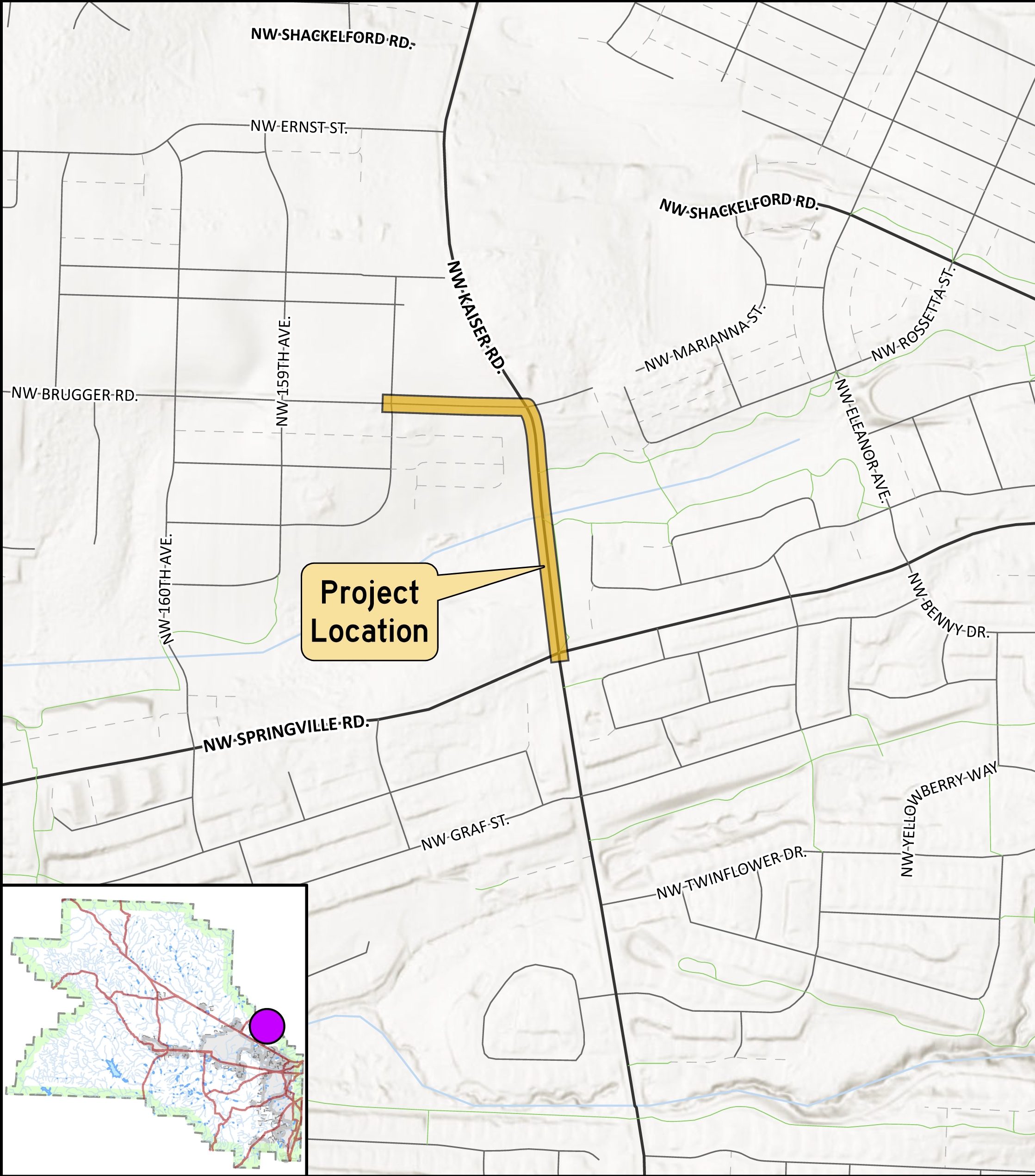 "Location of project on Kaiser and Brugger roads with inset showing project is in the far east part of the County"
